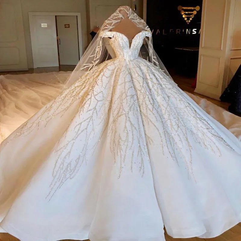 Роскошные Соборные поезд бальное платье Свадебные платья Robe De Mariee великолепные Кристаллы Свадебные платья с бусинами Vestido De Noiva