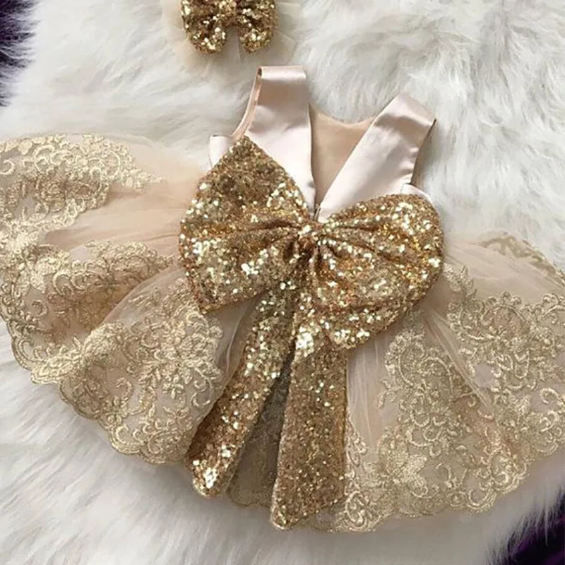 Dress Birthday-Party Palace Girl Princess Summer Bow 1st Big Sequin for Kid