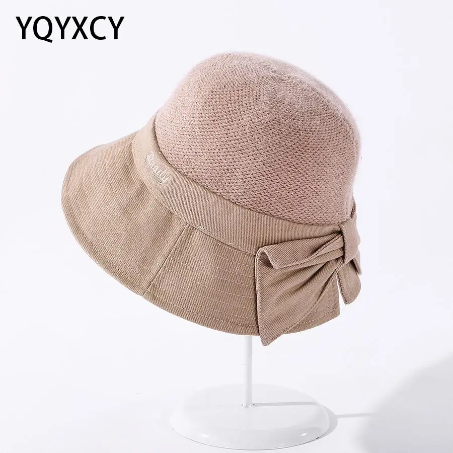 

YQYXCY Bucket Hat Women Winter Wool Knitted Round Top Bob Fisherman Cap With Bow Femme Korean Fashion Gorros Chapeu New 2020