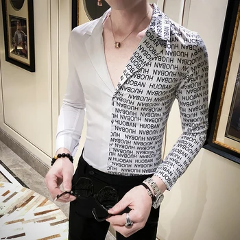 

Loldeal Letter Splice Shirt Long Sleeve Slim Fit Camisa Masculina Male V-neck Dress Shirts Streetwear Social Tuxedo Clothing