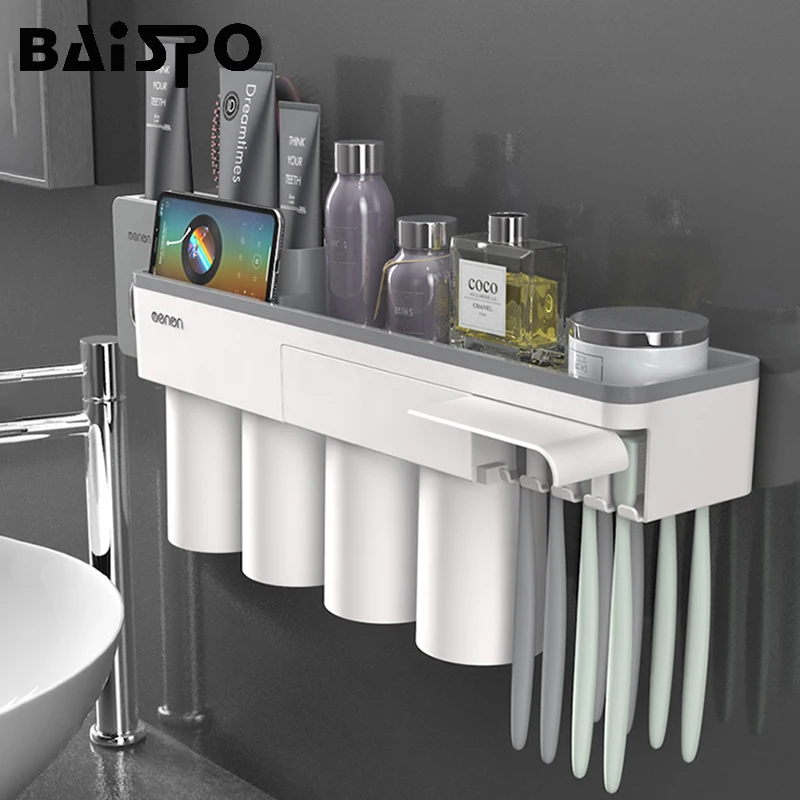 Продажа BAISPO Новый магнитный держатель для зубной щетки с адсорбцией с 4 чашками настенный держатель для ванной комнаты Чехол Набор аксессуаров для ...