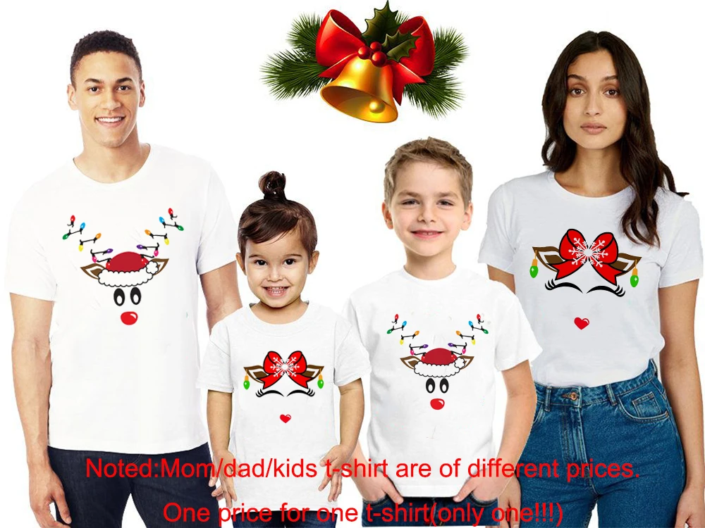 thumbnail image 1 of 1 pieza de camiseta blanca a juego con estampado de cara de ciervo para Navidad, ropa para madre, hija, padre e hijo, camisetas estéticas Harajuku, 1 of 5