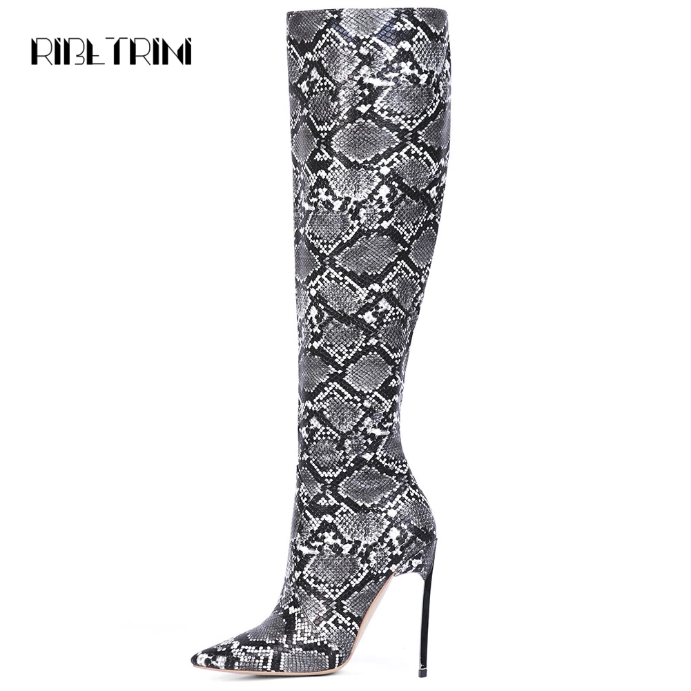 

RIBETRINI Shoes Woman 2019 Sexy Snakeskin Print Thin High Heel Party Boots Pointed Toe Knee High Boots For Women Big Size 33-45