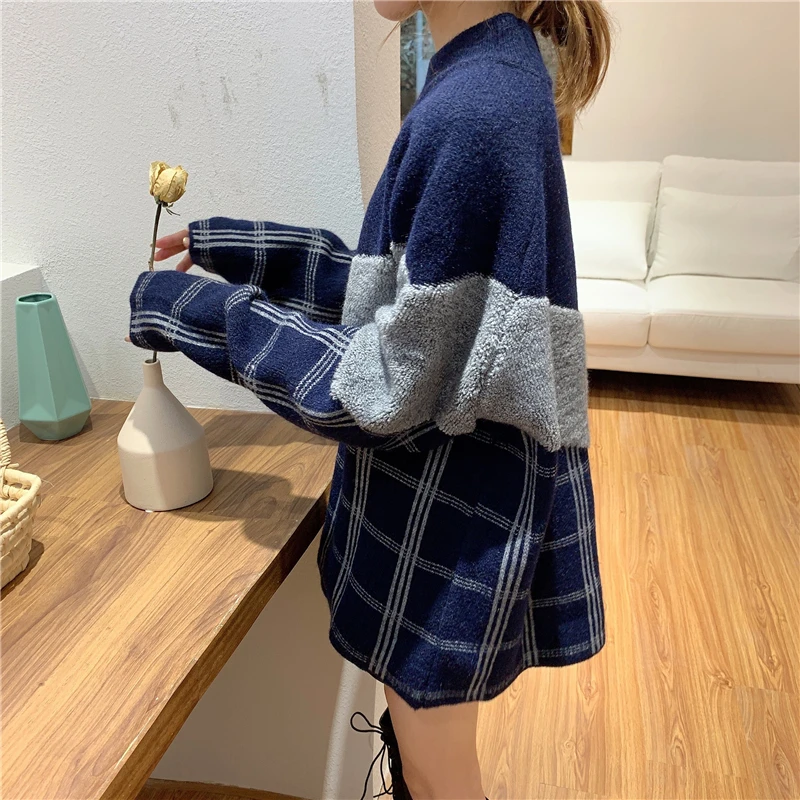 Winter Sweater Women's Plaid Stitching Half Turtleneck Sweater 2020 Spring Fashion Female Sweater Winter Sweater Women's Plaid Stitching Half Turtleneck Sweater 2020 Spring Fashion Female Sweater