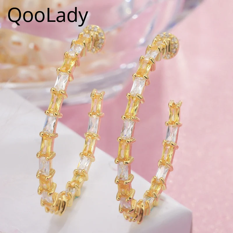 

Qoolady Sparkling Yellow Gold Baguette CZ Crystal Big Round Loop Geometric Big Hoops Earrings for Women Wedding E033