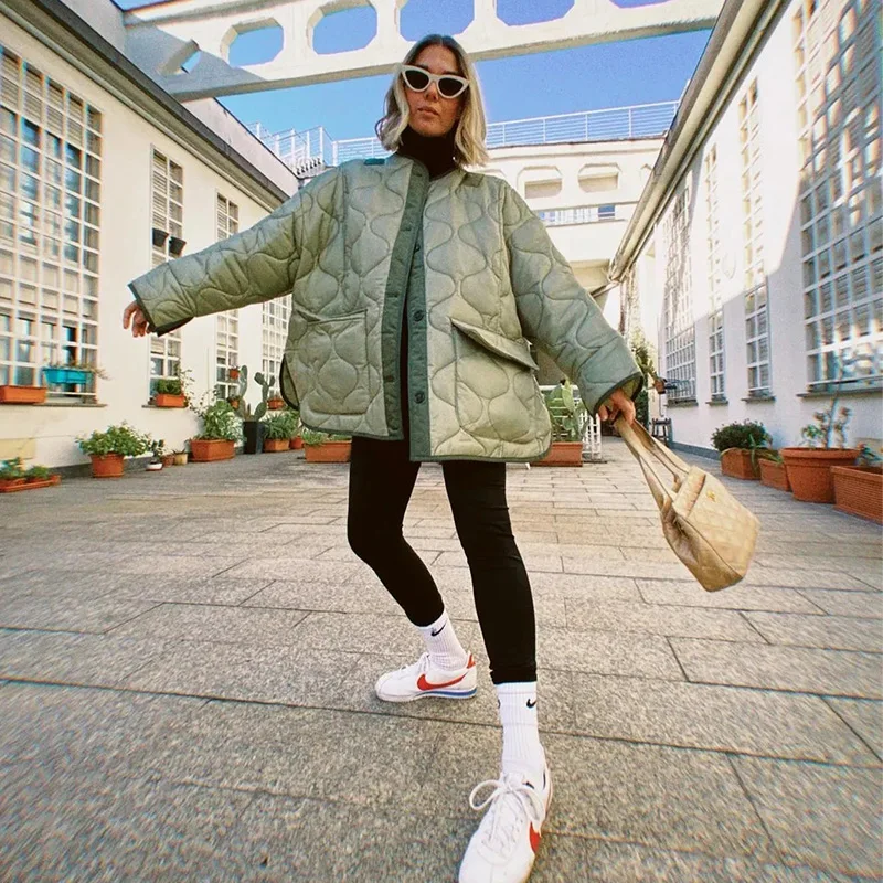 

Jackets Patchwork Quilted Coats Big Pocket Oversized Down Parkas Armygreen Cotton Padded Parka Autumn Winter Fashion Clothing