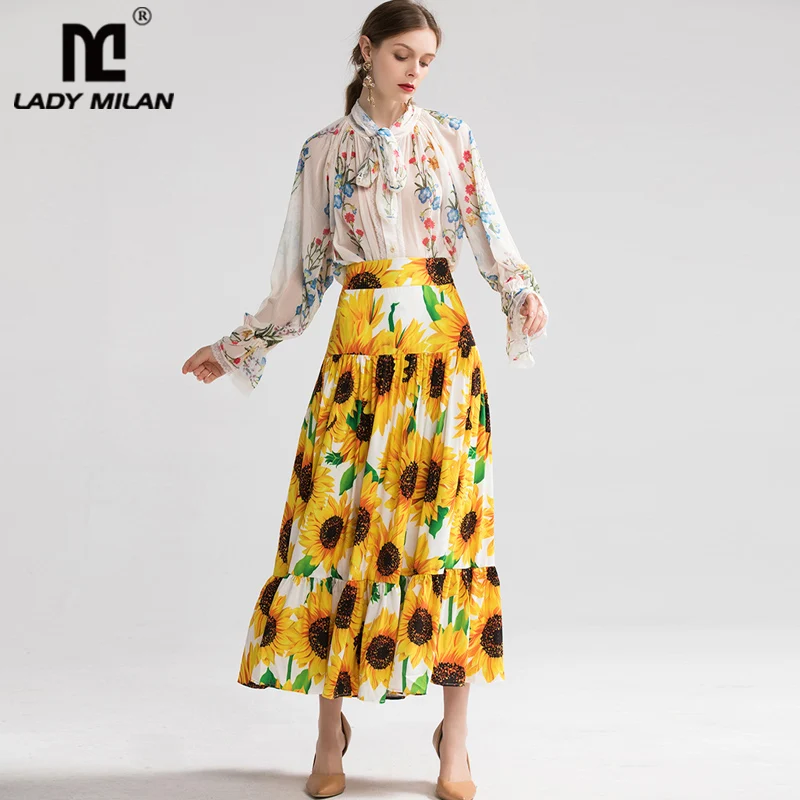 

Women's Runway Twinsets Bow Collar Long Sleeves Printed Shirts with Ruffles Floral Skirts Two Piece Dress Sets Suits
