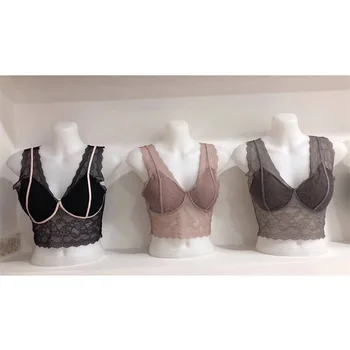 

Women Lace V Neck Short Large Size Versatile Sling Border Tube Tops Black