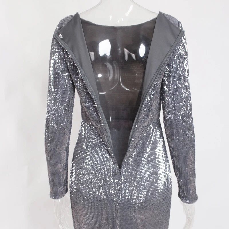 Вечернее платье с длинными рукавами и круглым вырезом серого цвета с блестками; Элегантное Длинное платье в пол
