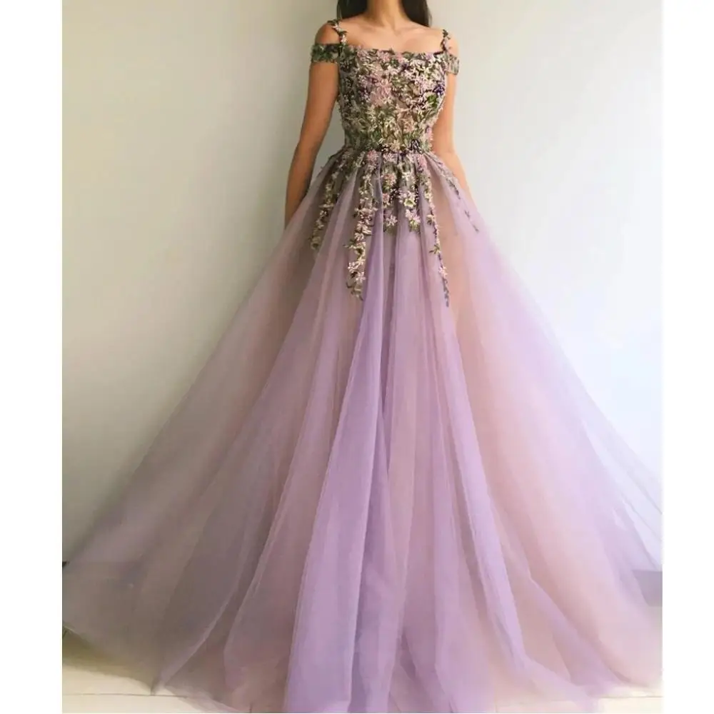 

Pretty Lavender Flower Appliques A-line Formal Party Dresses Colorful Lace Tulle Long Prom Gowns Plus Size Evening Gowns