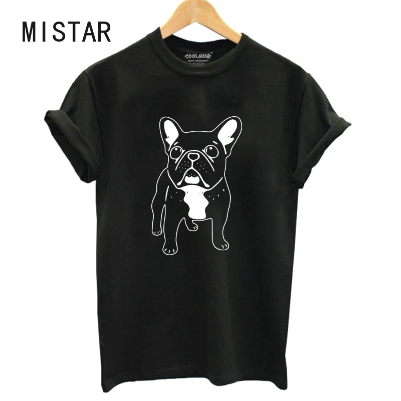 Camiseta con dibujo de bulldog Francés para mujer, remera con estampado de perro informal, camisetas de manga corta en negro para mujer