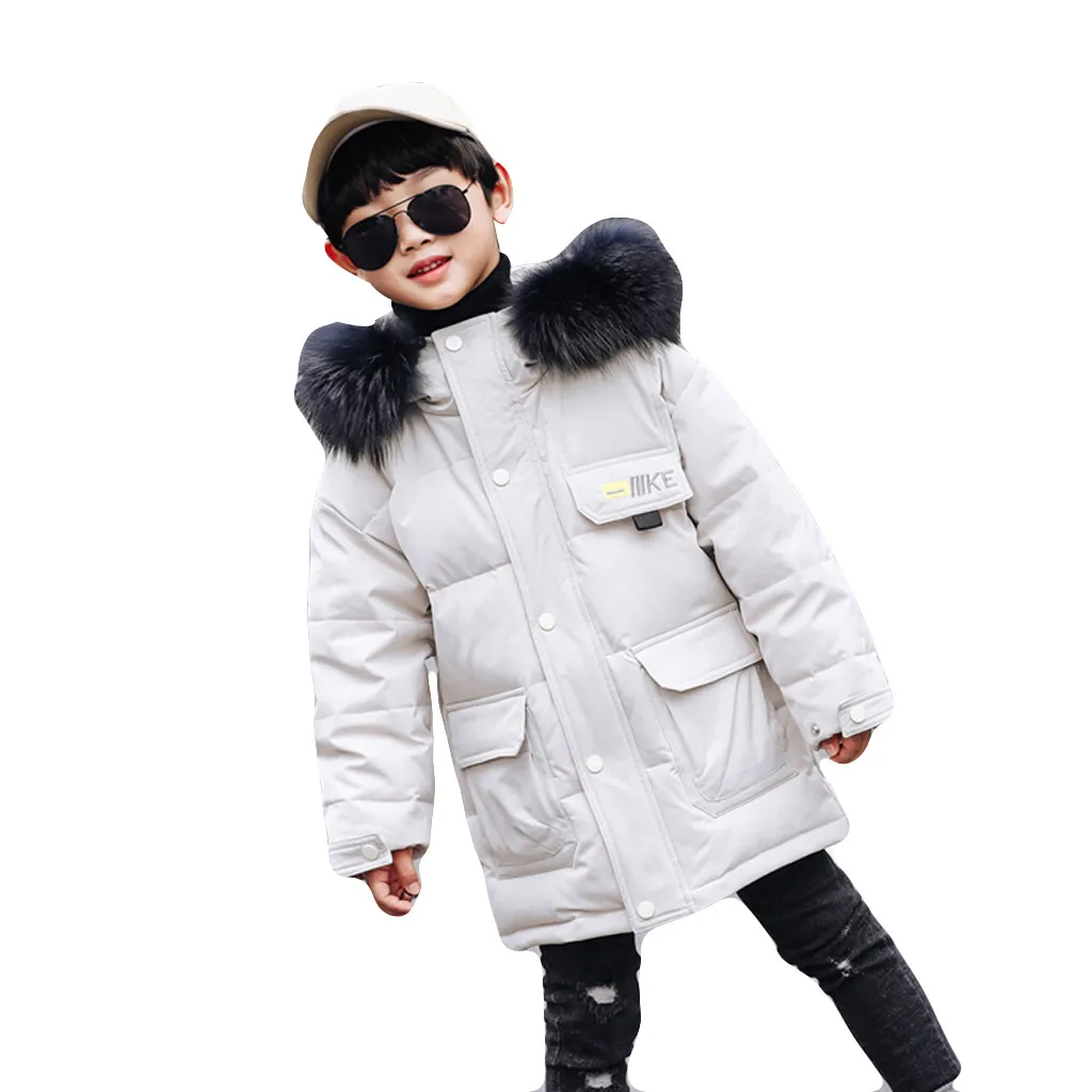 Зимнее пуховое пальто для маленьких мальчиков; однотонная теплая парка с капюшоном и искусственным мехом; куртка-пуховик; Стеганое пальто; Верхняя одежда с карманами