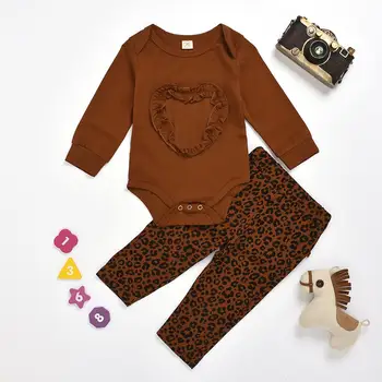 

New Arrival Baby Boy Girl 0-24M Cotton Long Sleeve Heart applique Romper + leopard Pant 2pcs Clothes set