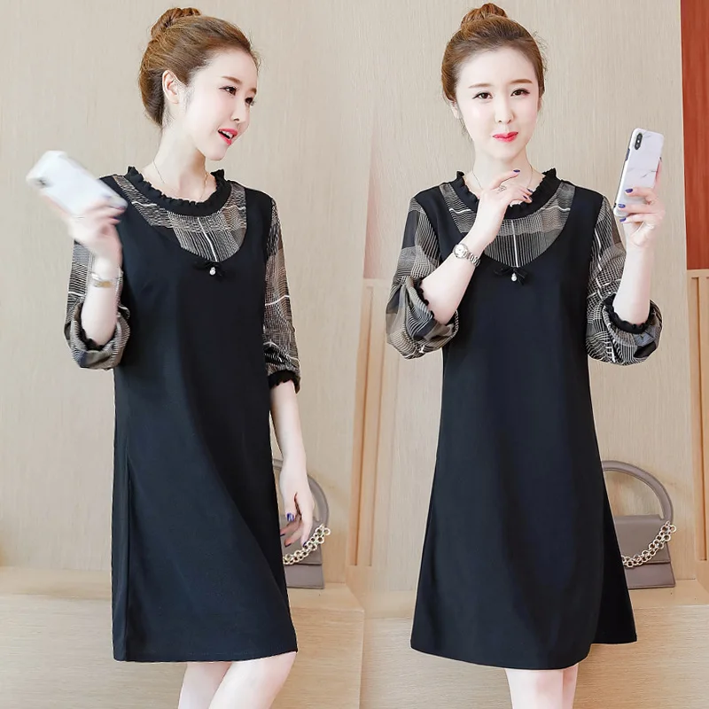 

Western Style Large Size Spring Plus-sized Womenswear M2019 New Style Waist Thick Cover Belly Dress Tibetan Meat Large GIRL'S Lo