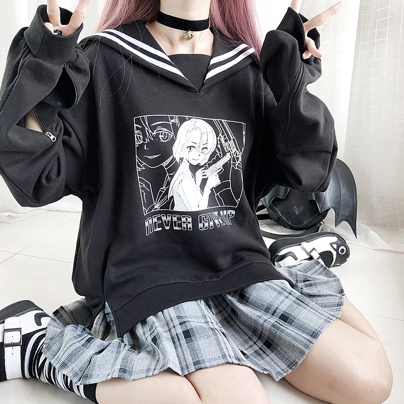 Harajuku Готическая негабаритная Женская толстовка с матросским воротником Kawaii аниме графическая Толстовка для девочек Японская уличная одежда толстовки на молнии