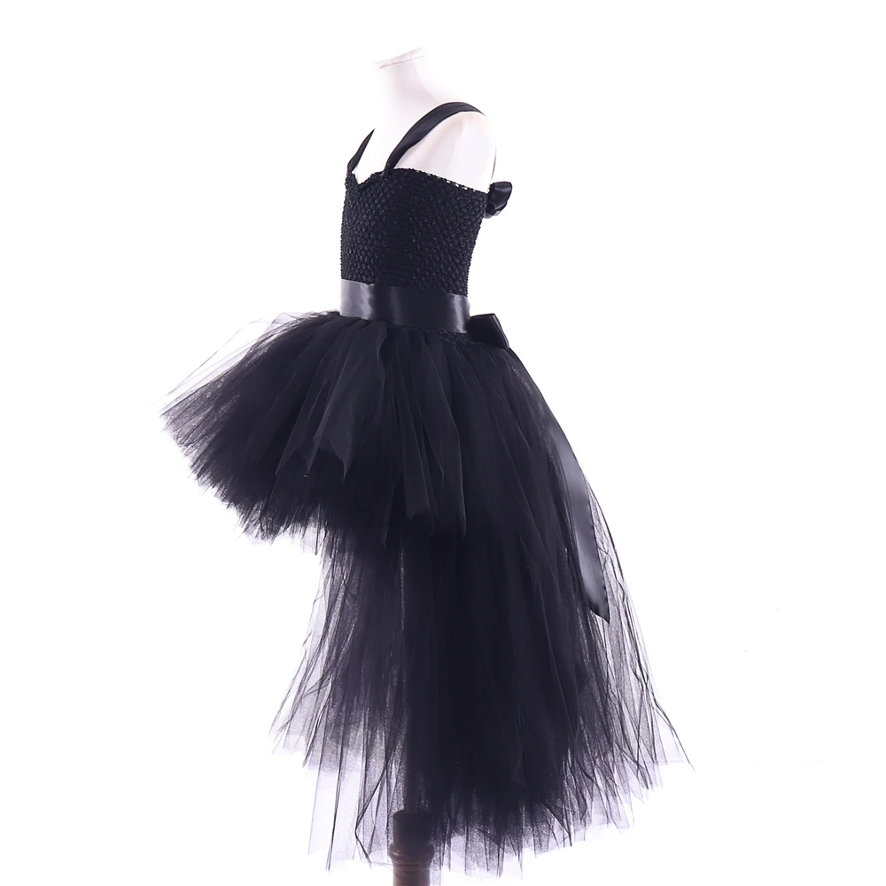 Шикарные Модные Вечерние Платья-пачки черного цвета с v-образным вырезом и шлейфом из тюля с атласным поясом для девочек, одежда на Хэллоуин для малышей