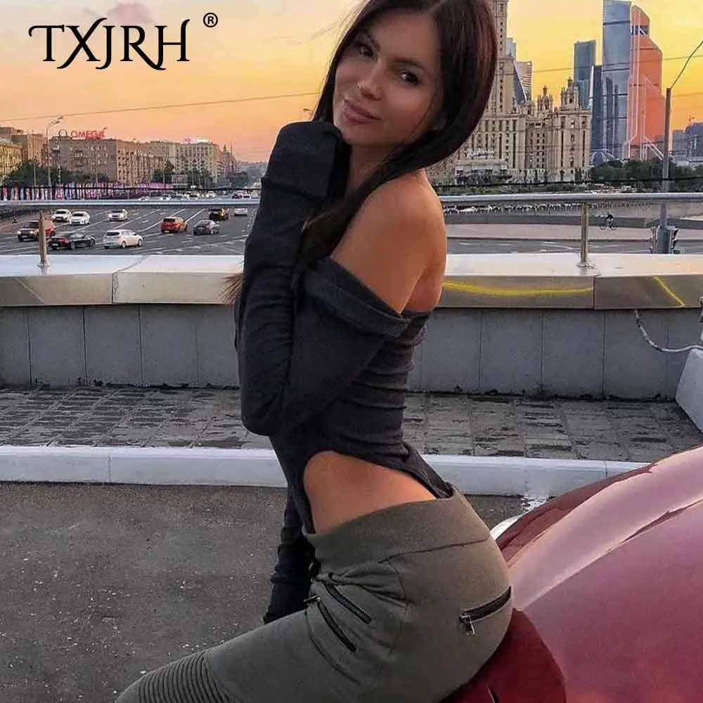 TXJRH сексуальный трикотажный с открытыми плечами Slash шеи эластичный комбинезон боди для тела сиамские облегающие длинные рукава обтягивающие костюмы 3 цвета