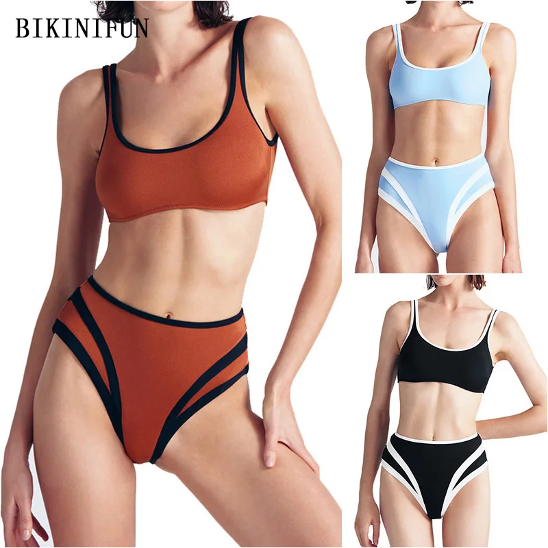 

2020 New Sexy Scoop Neck Swimwear Women Sports Bathing Suit Solid Color Swimsuit S-XL Girl Fixed Strap Beachwear Bikini Set