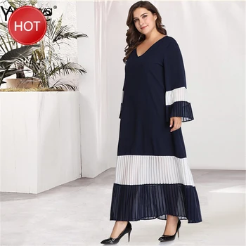 

2020 Spring Patchwork Pleated Swing Long Dress V-Neck Flare Sleeve Plus Size Maxi Dresses Navy Elegant Women Party New