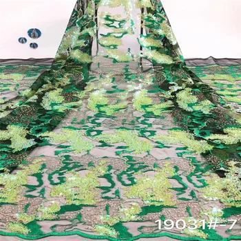 

French Net Lace Fabric 2019 Latest African Guipure Lace Fabric With Embroidery Mesh Tulle Sequins Lace Fabric Peach Green