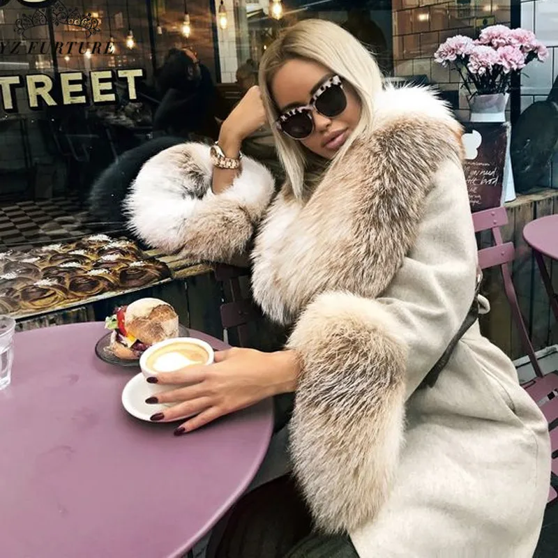 

Fashion Real Fur Coat Winter Jacket Women Natural Fox Fur Collar Cashmere Woolen Blends Coats Outerwear Streetwear Winter Warm