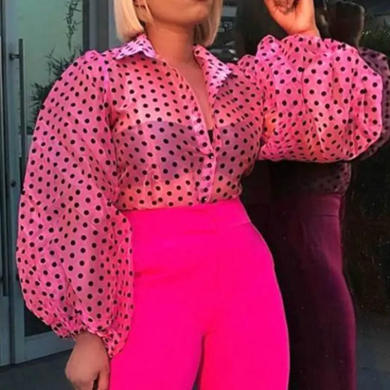 

Transparent Sexy Rose Red Polka Dots Printed Blouse Shirt Vintage Puff Long Sleeve Fall Autumn See Through Mesh Tops Plus Size