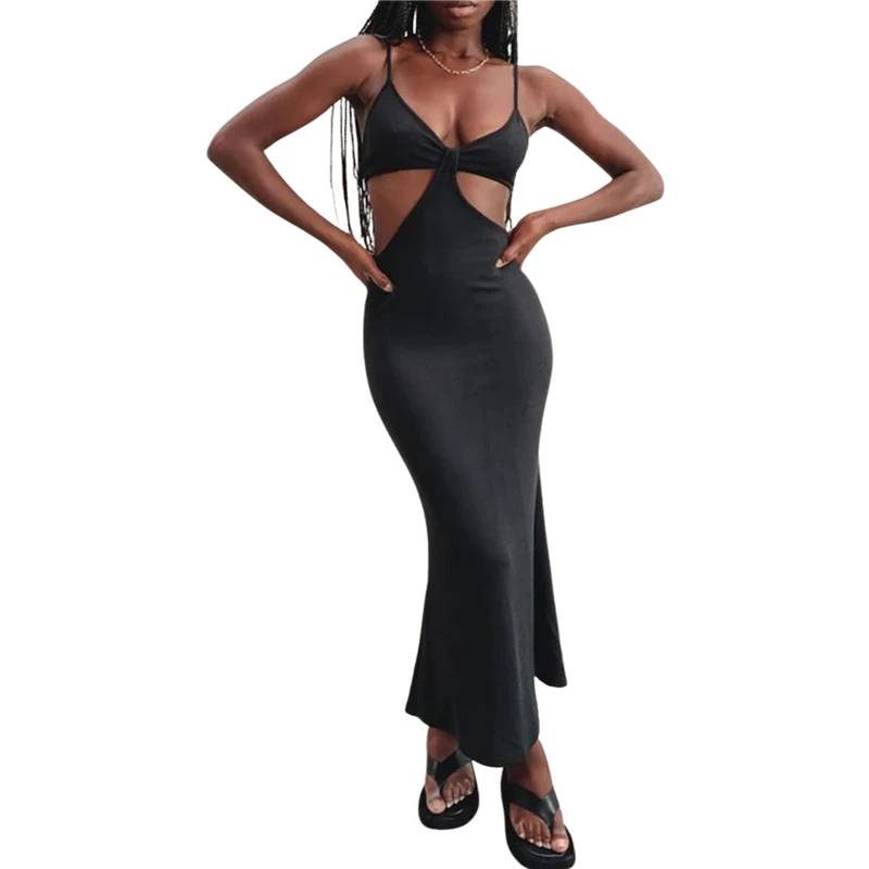 

Summer Dresses Ladies 2021 Knit Cut Out Maxi Dress Women Spaghetti Strap Backless Ribbed Long Dresses Beachwear Y2k Streetwear