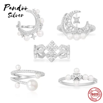 

High Quality S925 Sterling Silver Jewelry 1:1 Copy,Cross Ring With Pearls,Moon & Star Ring With Pearls,Silver Ring With Pearl