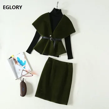 

Women's Set 2019 Winter Wool Suit Ladies Turtleneck Black Pullovers+Beading Deco Wool Jacket+Army Green Wool Pencil Skirt Sets