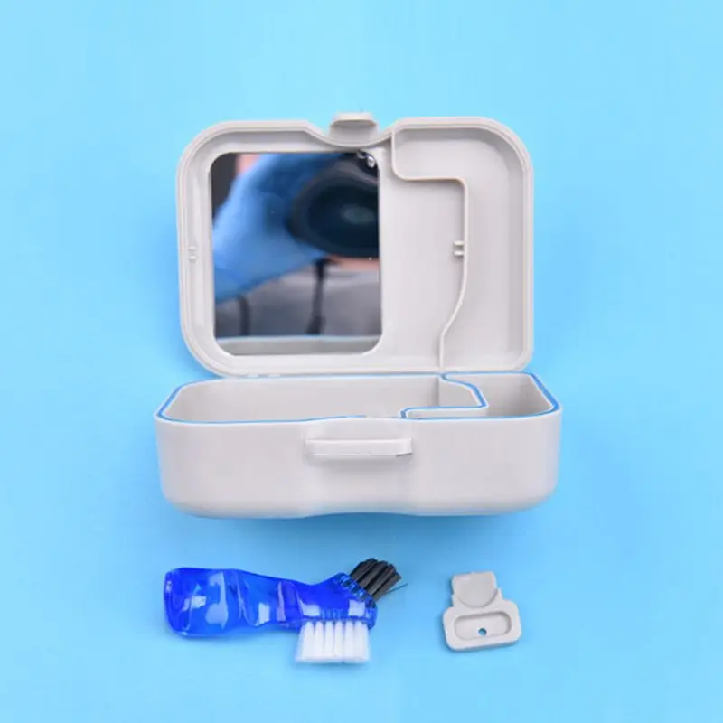 

Dental False Teeth Bath Box Denture Container Case with Mirror Brush Organizer