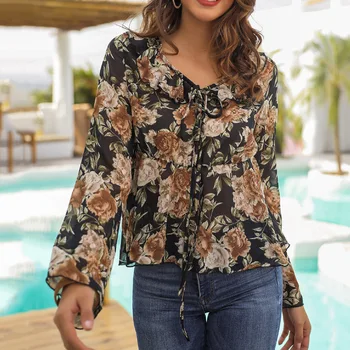 

Women Holiday Blouse Flower Printed Long-sleeved Chiffon Shirt Floral Long Sleeve V-Neck Vintage Blouse Beach Sunscreen Tops