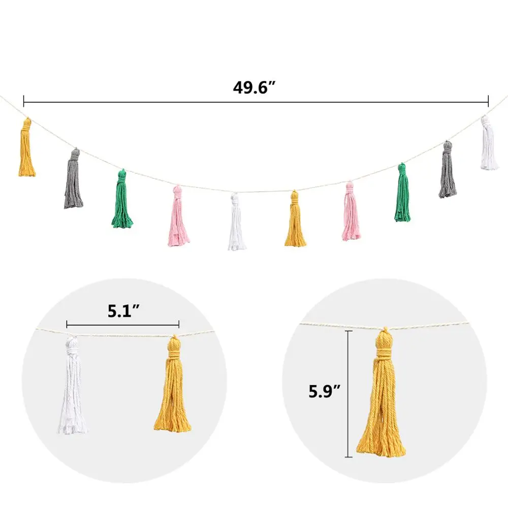 2 Pack Cotton Tassel Garland Colored Tassels Banner Decorative Wall Hangings for Boho Home Decor, Birthday Mother Day Party, Ba