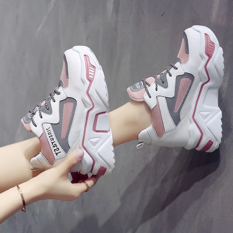 Super High Heels Chunky Sneakers Women Autumn Thick Bottom Height Increasing casual shoes woman mesh platform Vulcanize