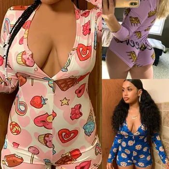 

Vadim Stretch Printed Bodysuit for Women Sexy Leotard Long Sleeve Bodycon Romper Jumpsuit Button Short Pants Jumpsuit