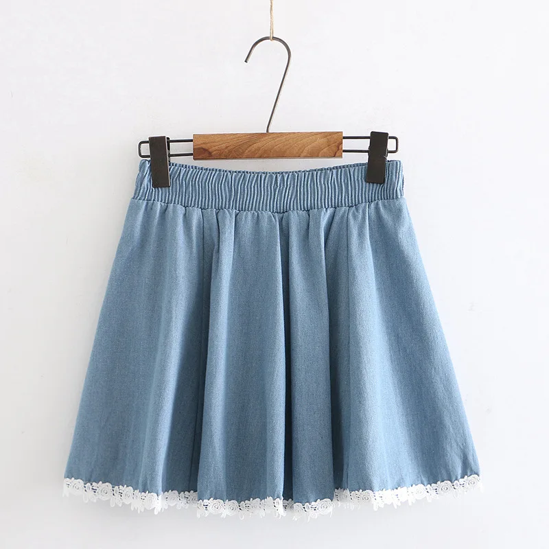 

Korean Style Lace Stitching Cute Short Tutu Skirt Women Spring Summer High Elastic Waist Mini Ruffle Denim Skirts Ladies rokjes
