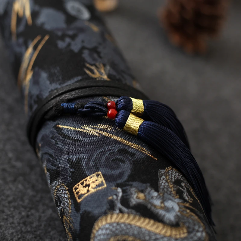 1 pc Chinese Style Pen Wrap 4/7/10 Slots Protect Penpoint Lightning Black / Cyan Dragon Bronzing Crane Normal or Tassels