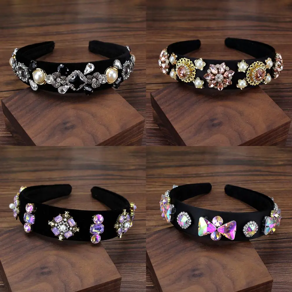 

Vintage Baroque Luxury AB Purple And Black Crystal Hairband Boho Opal Pearl Flower Headband For Women Hair Accessories Jewelry
