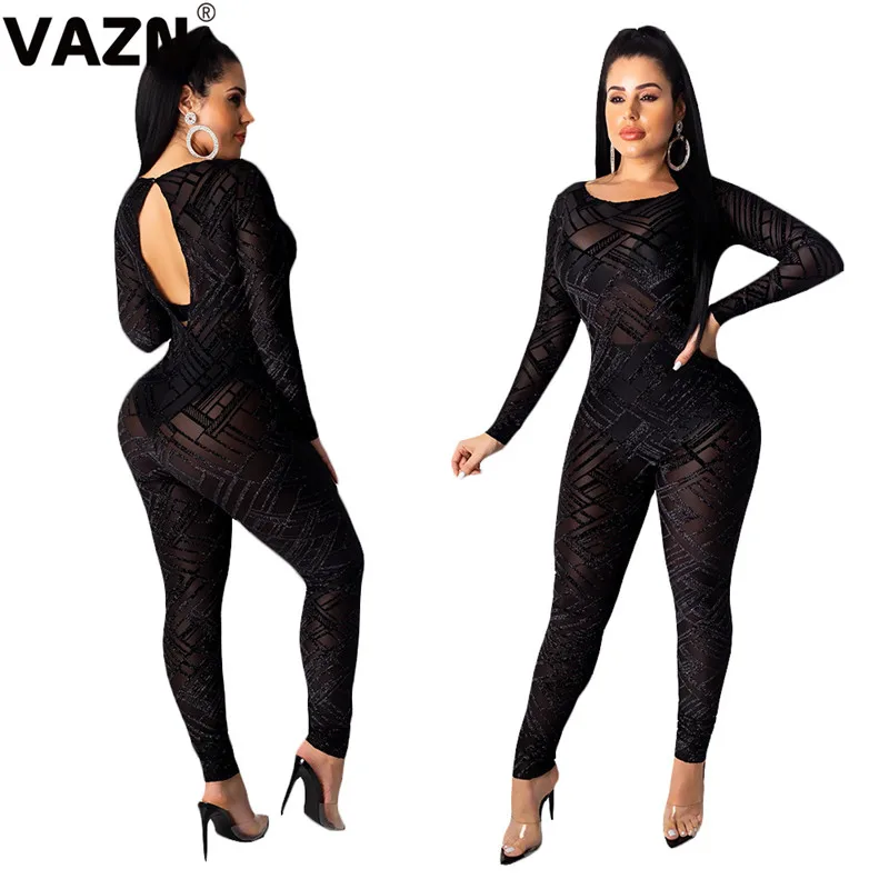 VAZN SN3708, шикарный дизайн, осень, сексуальный женский черный длинный комбинезон, полный рукав, певица, на пуговицах, летящий комбинезон, женский сексуальный клубный комбинезон