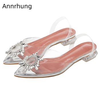 

Jeweled Crystal Sunflower Buckle Decor Shoes Woman Back Strap Sexy Pointed Toe Transparent PVC Flat Sandals Women