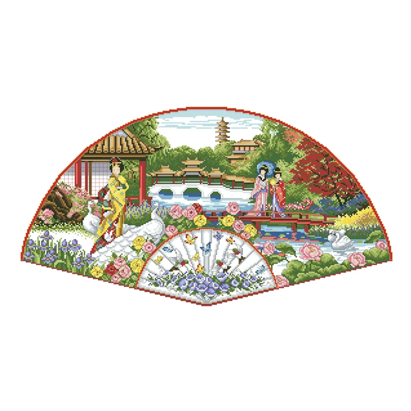 Dreampattern 대나무 선풍기 크로스 자수 키트, 호수 패턴, 인쇄되지 않은 캔버스 크로스 스티치, DIY 바느질 작업, 18ct, 14ct, 11ct