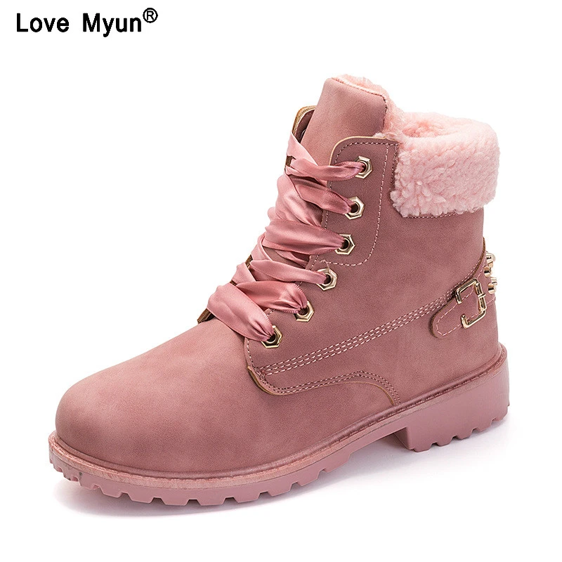 Botas rosas con cordones para mujer, botines informales sólidos, zapatos punta redonda, botas de nieve, zapatos cálidos para invierno| Botas de nieve| - AliExpress