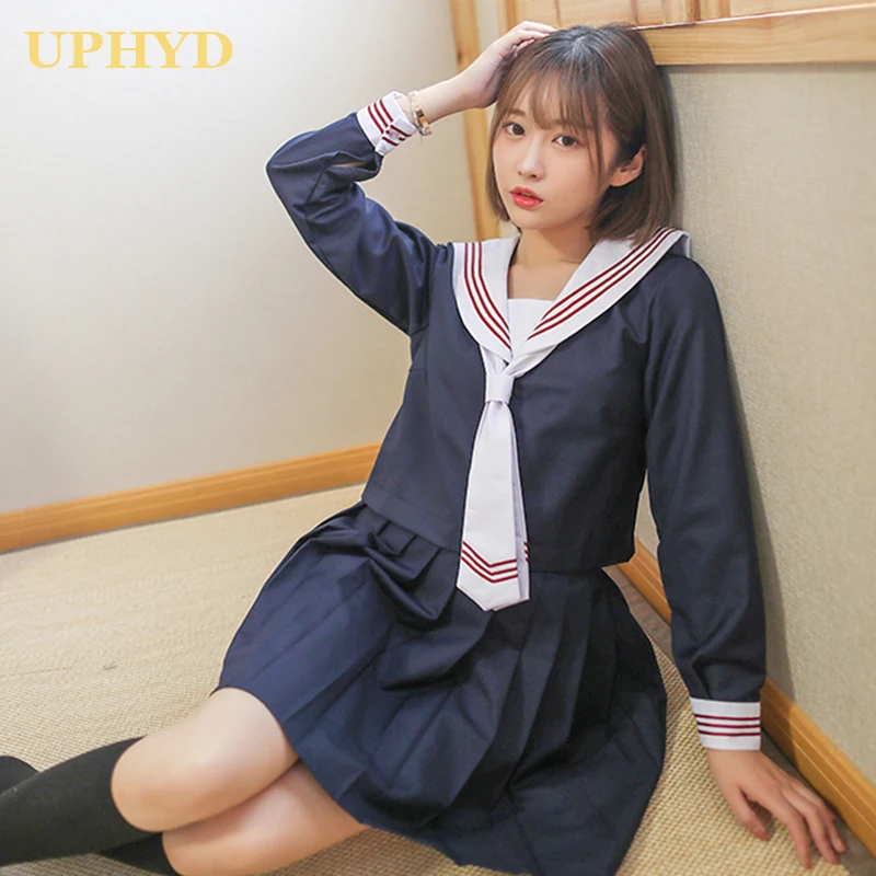 

UPHYD 3pcs/set Japanese Sailor Uniform Hell Girl Fashion School Class Navy Sailor School Uniforms For Cosplay Girls Suit