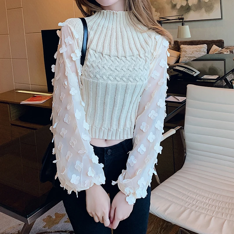 New 2020 Autumn Winter Women's Sweaters Turtleneck Mesh Patchwork Knitwear Long Sleeve Ladies Tops Pullover Pink Crop Sweater