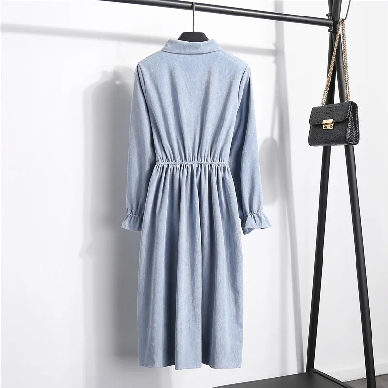 Новые осенне-зимние вельветовые платья, однотонные, vestidos mujer, винтажные, эластичные, однобортные платья, платье с длинными рукавами и воротником-стойкой