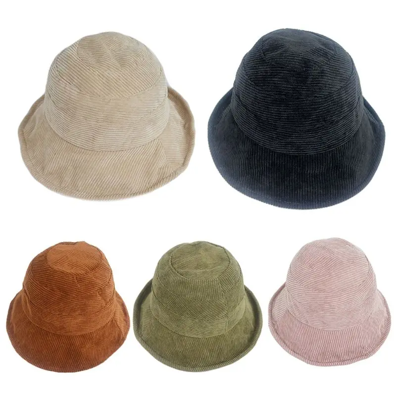 

Women Corduroy Velvet Bucket Hat Solid Color Wide Brim Sunscreen Fisherman Cap B95F