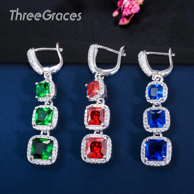 Женские классические серьги ThreeGraces зеленые красные синие квадратные с фианитом