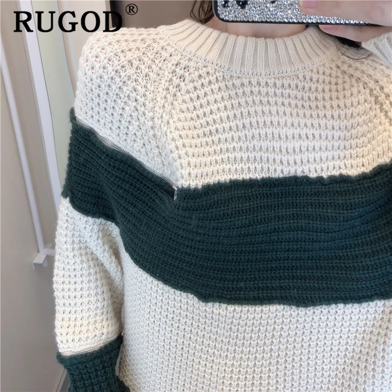 RUGOD, Элегантная туника, вязаный свитер для женщин, Повседневный, из кусков, на молнии, рукав средней длины, пуловер, женский, корейский шик, прямой свитер