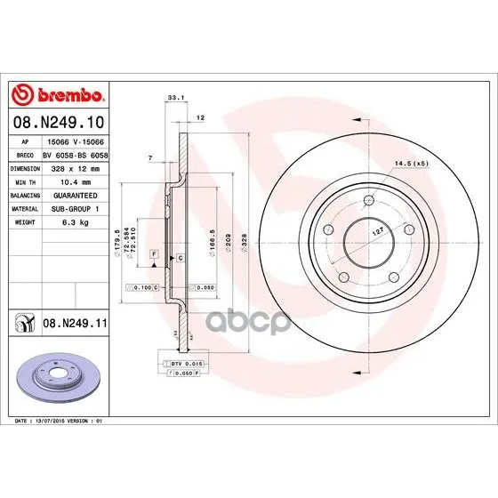 Диск Тормозной Задн, Chrysler: Grand Voyager V 07- Fiat: Freemont 11- Lancia: Voyager Mpv 11-14 Brembo арт. 08.N249.11