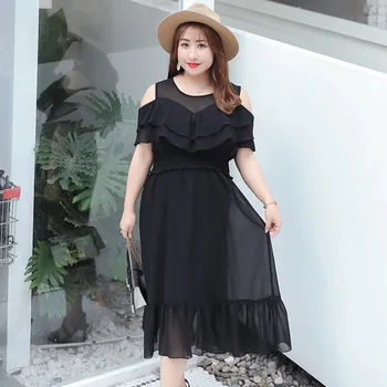 

Women's Spring Chiffon Off Shoulder Ruffled Dress Plus Size Calf Casual Dress 100kg Can Wear