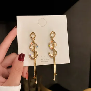 

Korean Trendy Simple Letter Shiny Crystal Gold Pendant Earrings for Woman Fashionable Statement Earrings New Jewelry Accessories